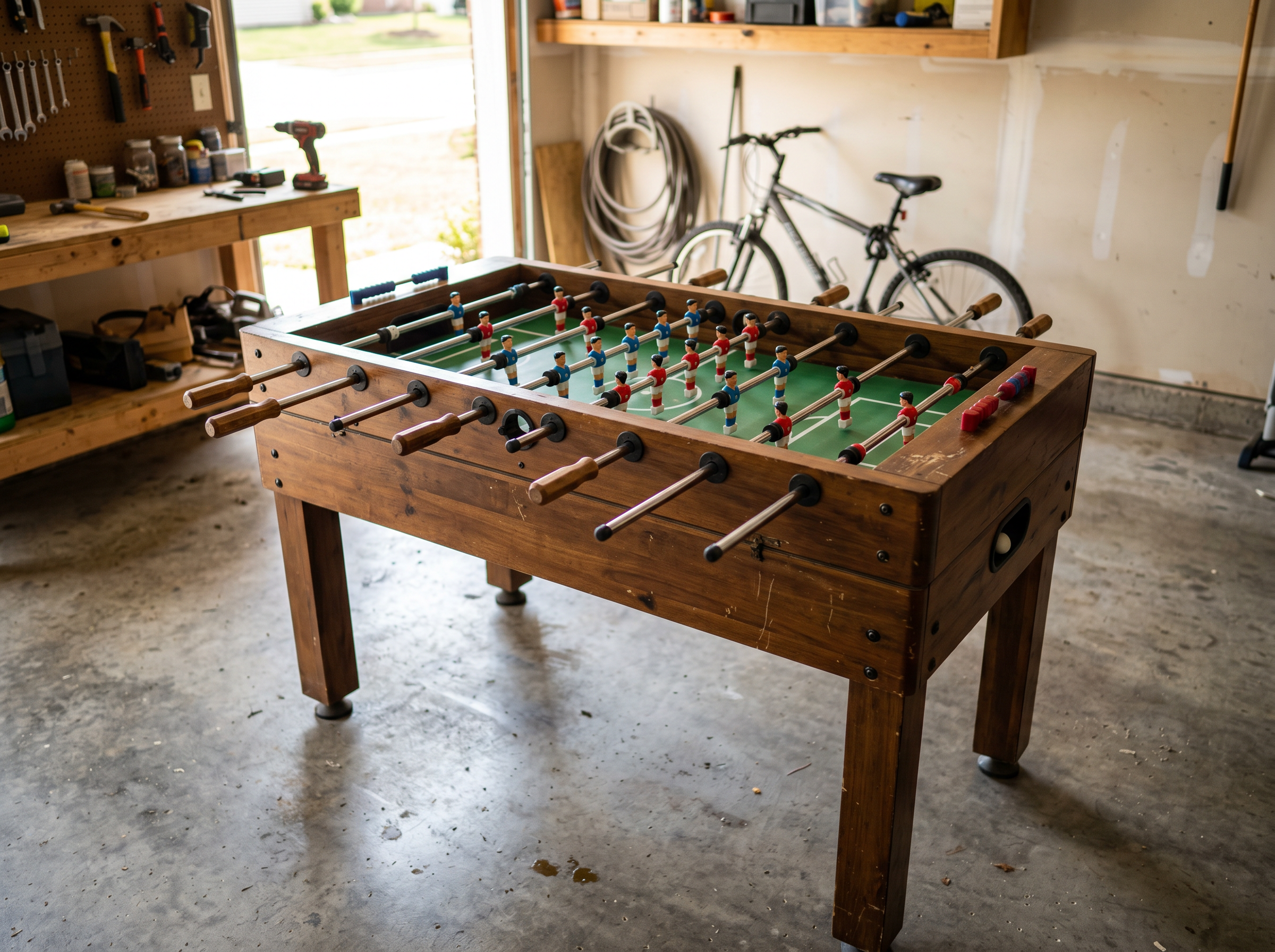 Regulation foosball table in a garage