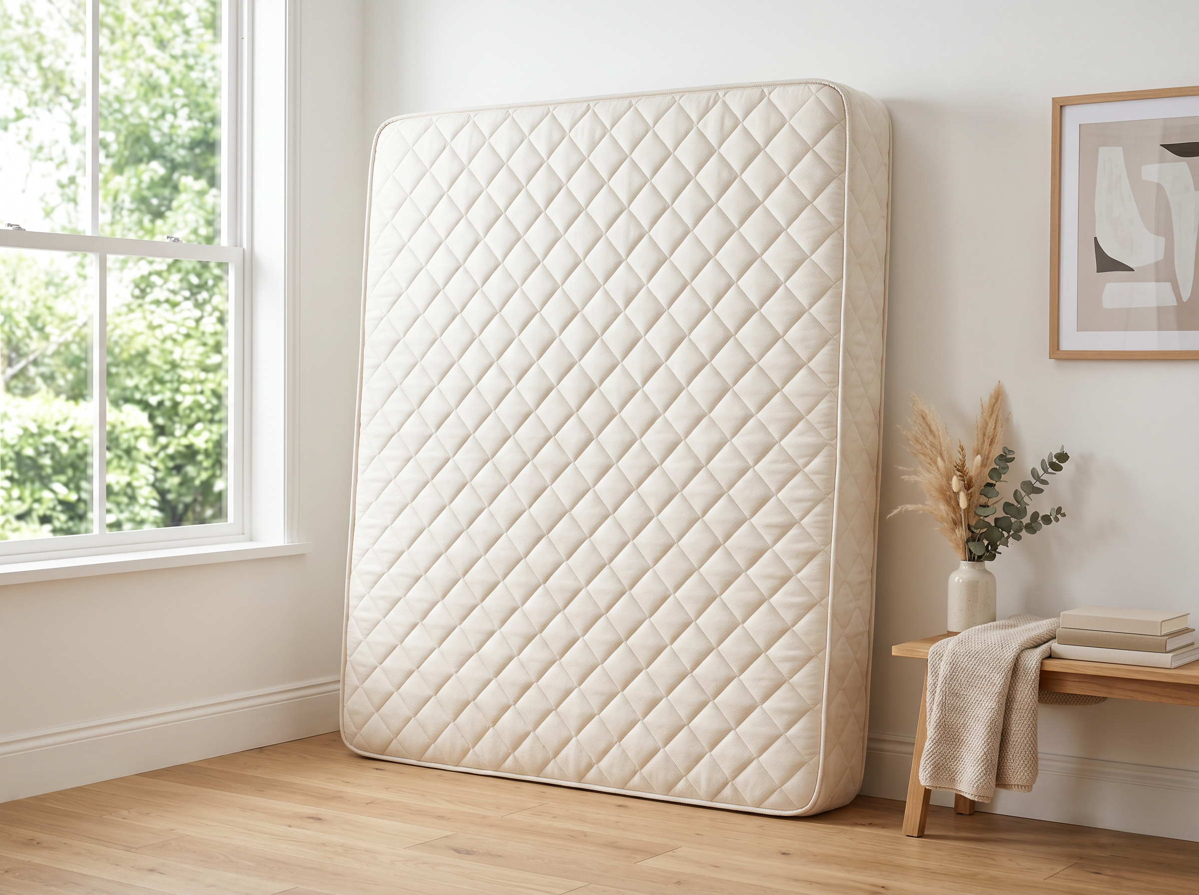 King-size quilted mattress against wall