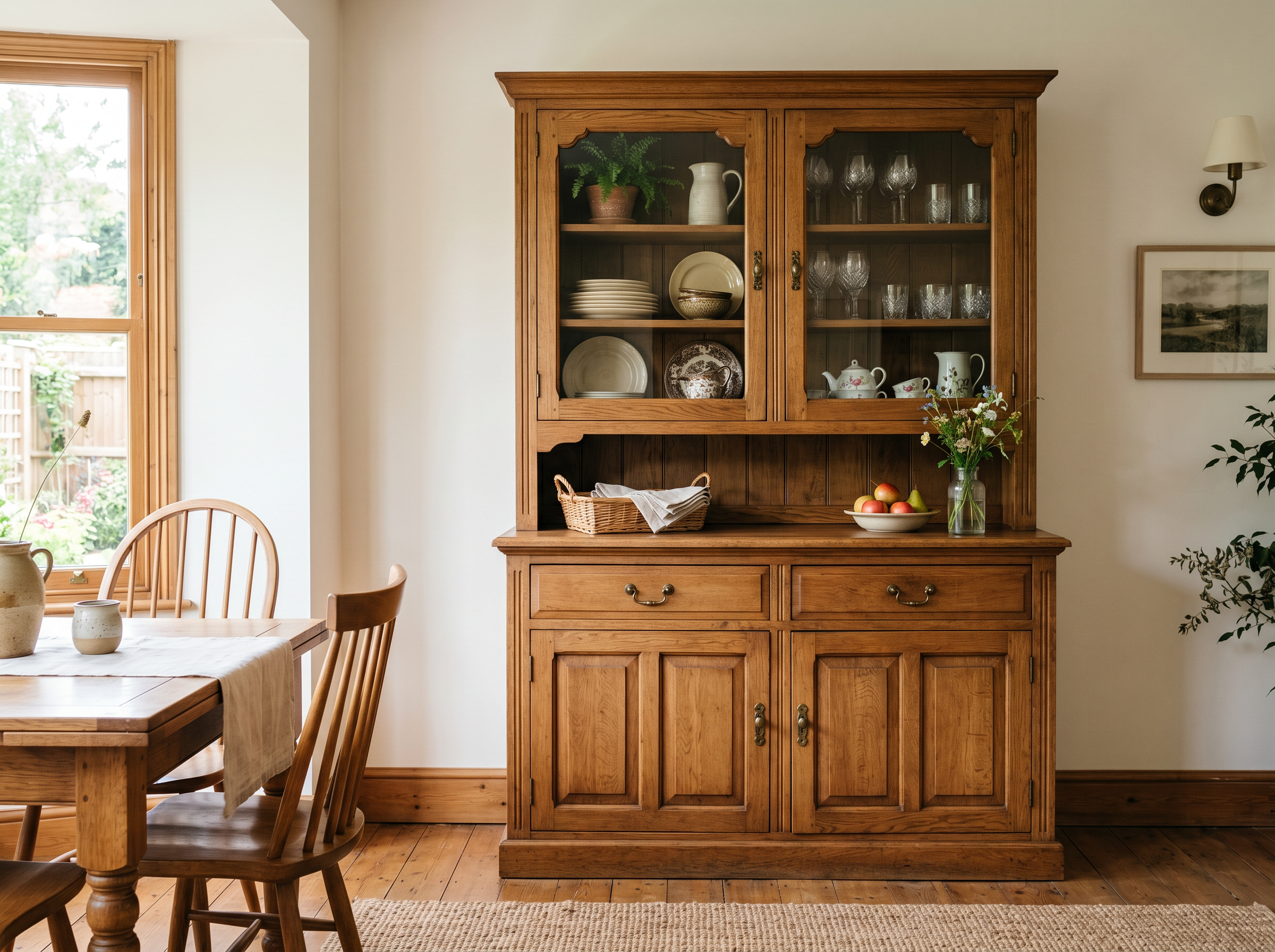 Vintage oak dining hutch with glass doors